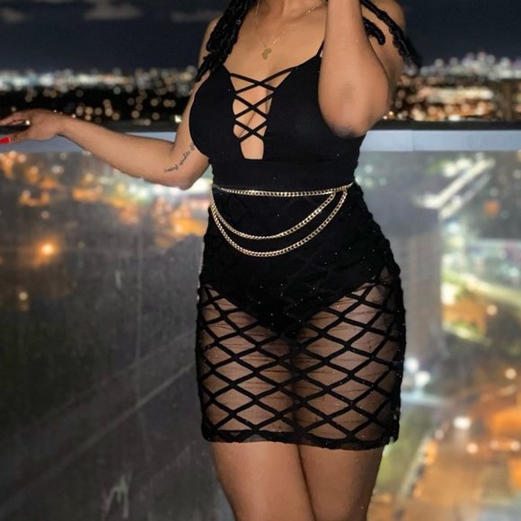 Bodysuit Dress with Mesh Overlay - Picture 1 of 7